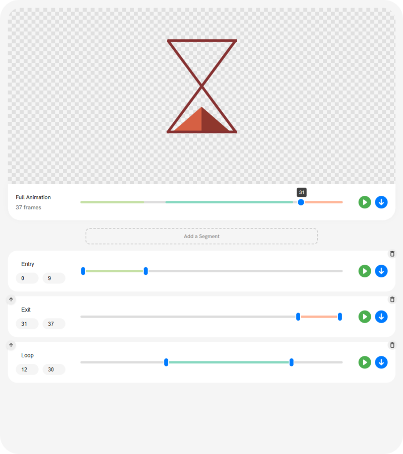 Lottiemon segment editor showing Entry, Exit and Loop ranges on a timeline